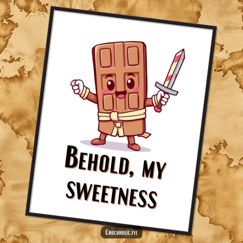 Funny Poster: A brave kawaii chocolate bar strikes a heroic pose with a candy cane sword. Great wall art for lovers of funny and heroic illustrations.