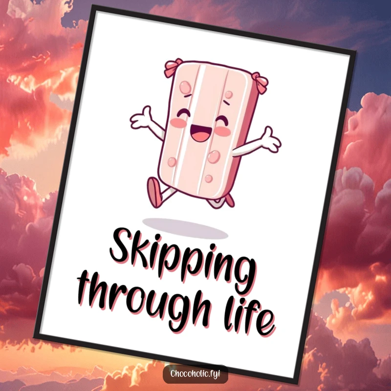 Funny kawaii candy bar character skipping joyfully with arms outstretched on a poster, bringing vibrant energy to any room.