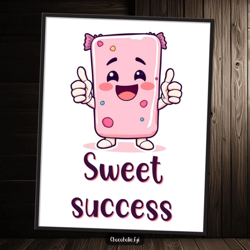 Funny Kawaii candy bar character enthusiastically giving a double thumbs-up, a cheerful and funny poster.