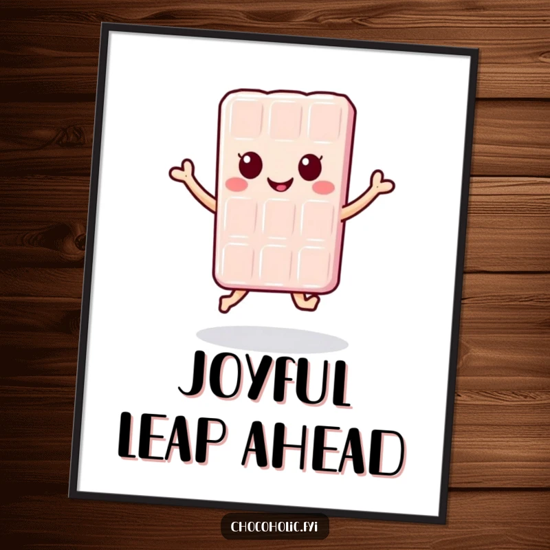 Funny kawaii chocolate bar character leaping with joy on a poster, adding a splash of vibrant, happy art to any wall.