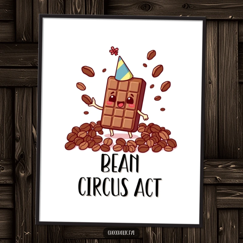 Funny Kawaii chocolate bar wearing a party hat, juggling cocoa beans, showcased on a vibrant poster.