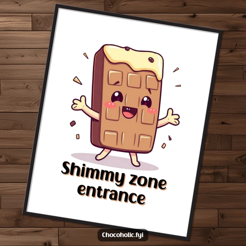 Funny poster of a kawaii chocolate bar character doing a silly, over-the-top shimmy, bringing playful energy to the wall.