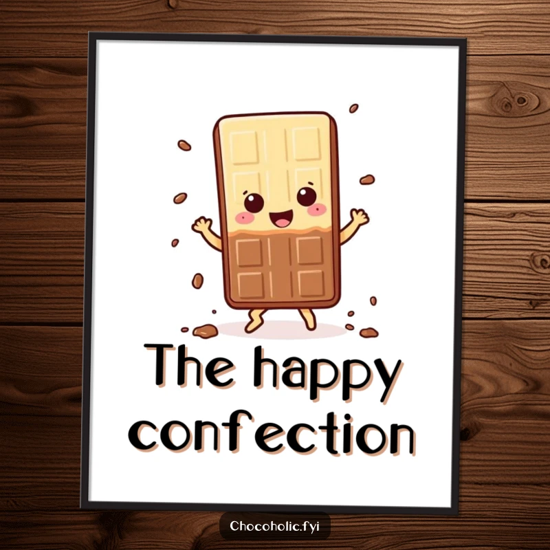 Funny Poster: Kawaii chocolate bar character dancing gleefully, shedding crumbs, creating a dynamic and joyful piece of art, a great gift.