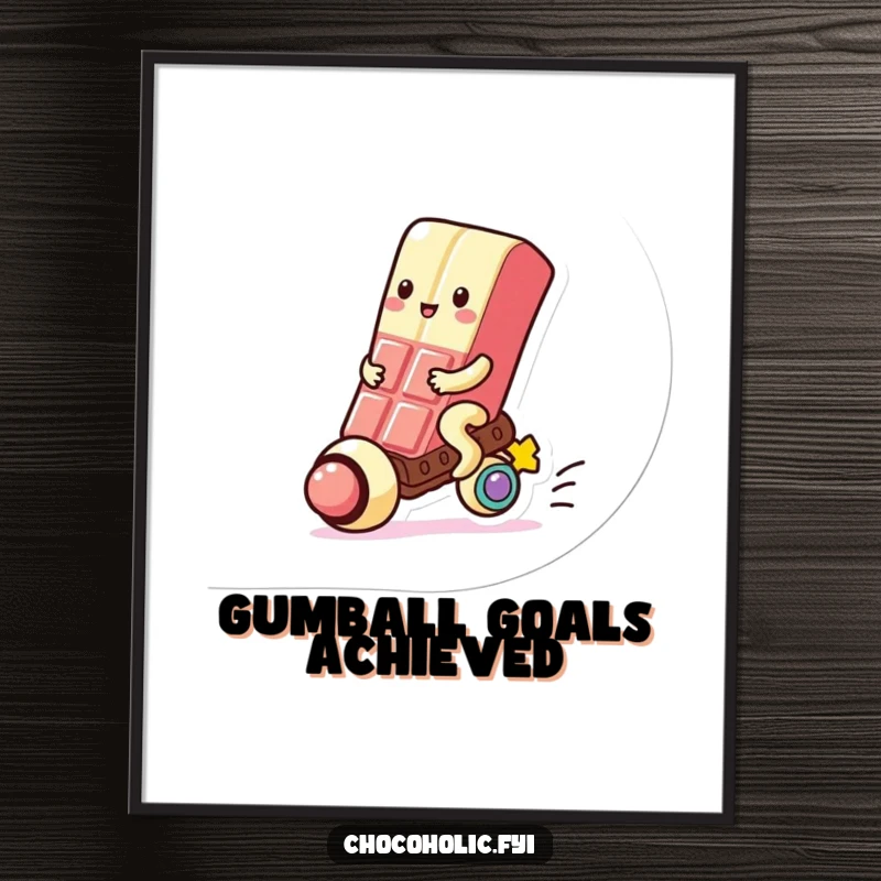 Funny Poster: A kawaii chocolate bar character happily rides a small, colorful gumball, bringing sweet cheer to any room.