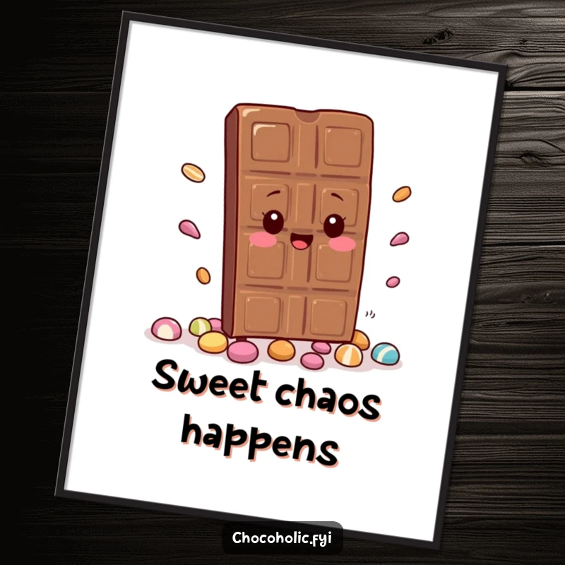 Funny Poster: A kawaii chocolate bar character hilariously trips and scatters candy. Great wall art for lovers of cute and funny illustrations.
