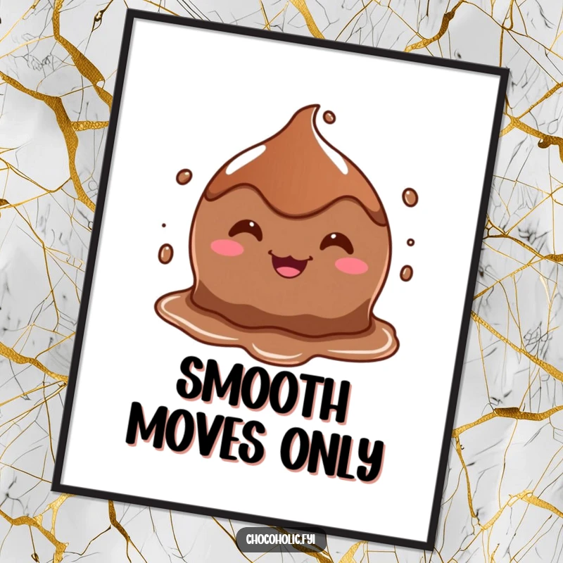 Funny poster featuring a melting chocolate puddle character with a huge, goofy grin, ideal for kitchen or cafe decor.