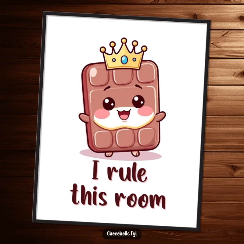 Funny Poster: A proud kawaii chocolate bar character beams with joy, wearing a tiny crown. Great wall art for lovers of funny and regal illustrations.
