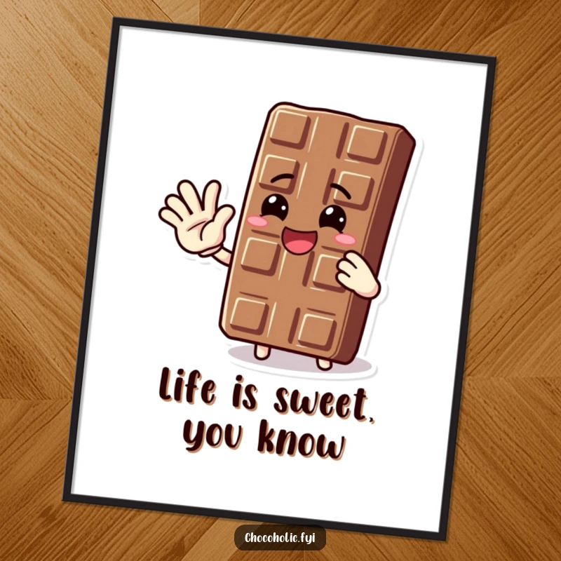 Funny poster displaying a beaming chocolate bar character waving warmly, adding a joyful and sweet touch to wall art.