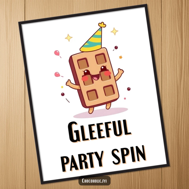 Funny chocolate bar character wearing a party hat, spinning around gleefully on a vibrant poster, bringing festivity.