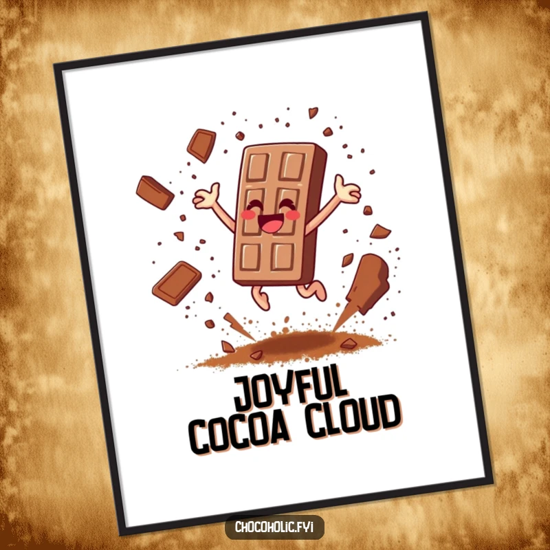 Funny chocolate bar character leaping joyfully, scattering cocoa powder like confetti on a vibrant poster, bringing cheer.