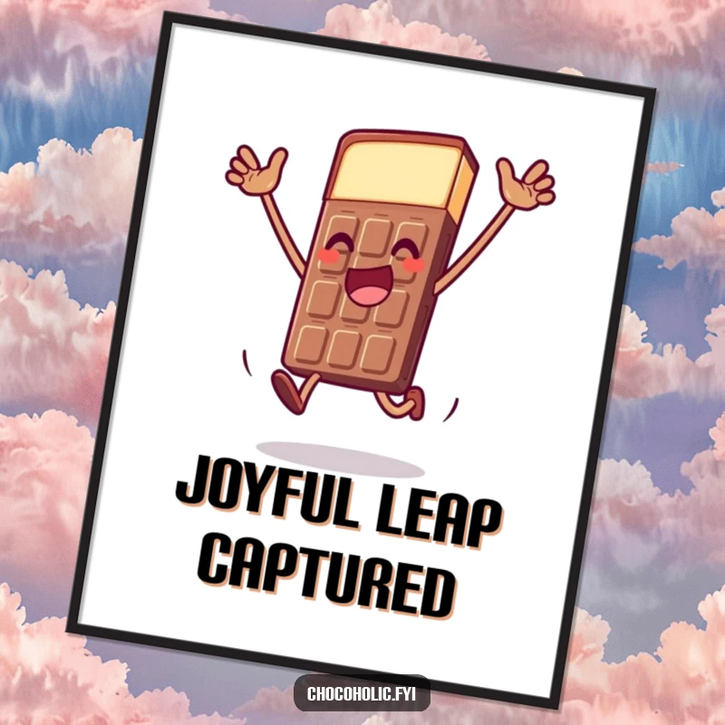 Funny chocolate bar poster art of a character doing a dramatic, joyful leap, symbolizing excitement and celebration.
