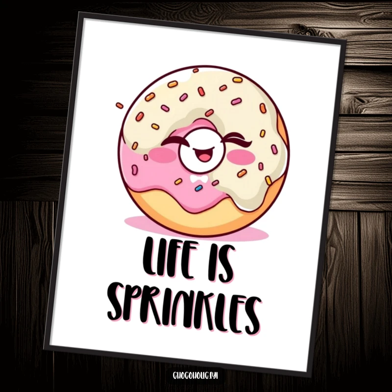 Funny Kawaii donut character winking and juggling sprinkles, designed as cheerful wall art.