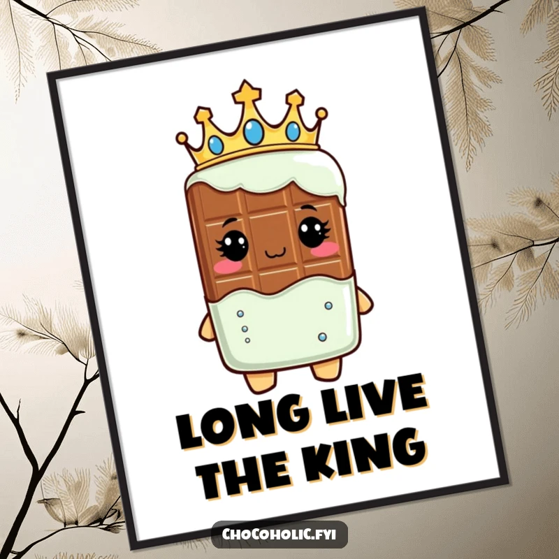 Funny poster illustrating a chocolate bar character wearing a crown, looking regal, evoking a sense of sweet, edible grandeur.