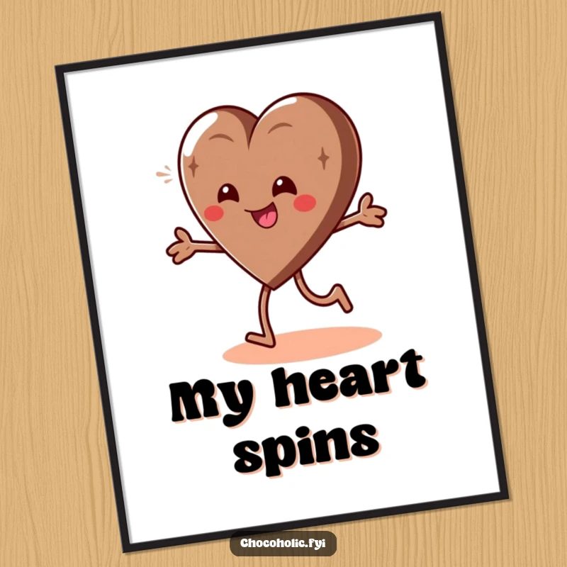 Funny poster of a giddy chocolate heart character in a playful spin, radiating happiness and sweet charm.