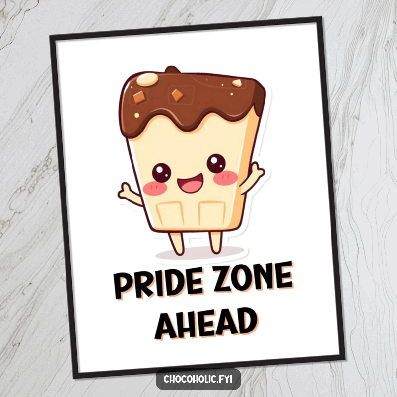 Funny poster of a kawaii chocolate bar character beaming with pride, a symbol of accomplishment and self-assurance.