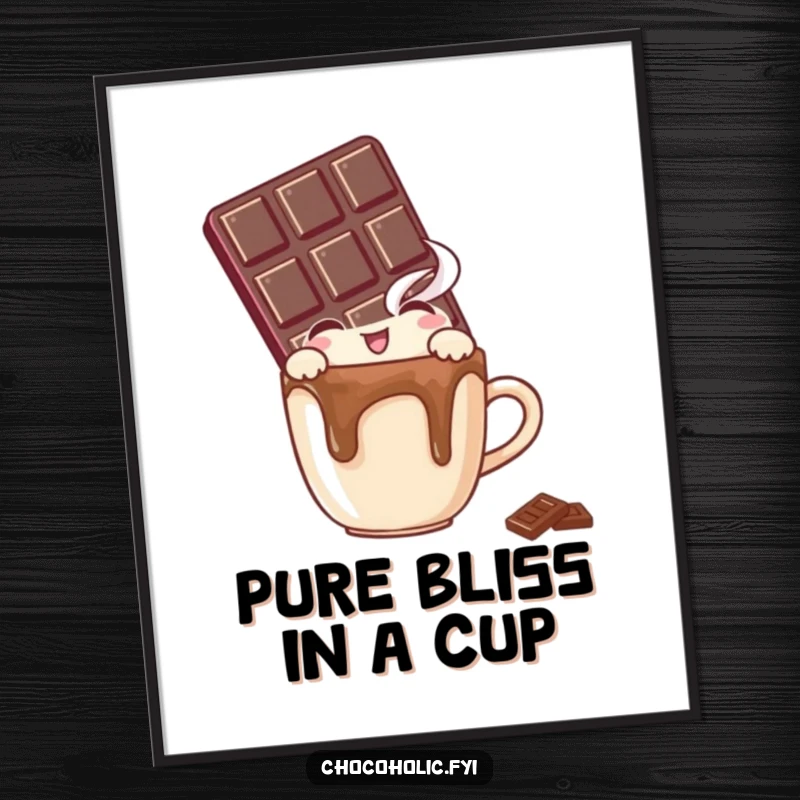 Funny poster art of a chocolate bar character peeking with delight over the rim of a tiny, steaming hot mug.