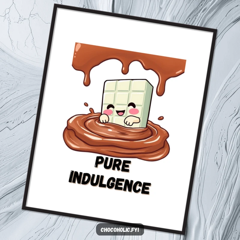 Funny Kawaii chocolate bar character diving into a pool of chocolate sauce on a vibrant wall poster.