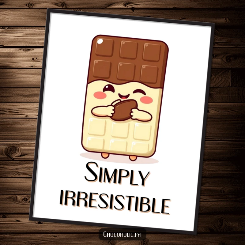 Funny kawaii chocolate bar poster featuring a joyful winking character holding a cocoa bean, adding a cute vibe.