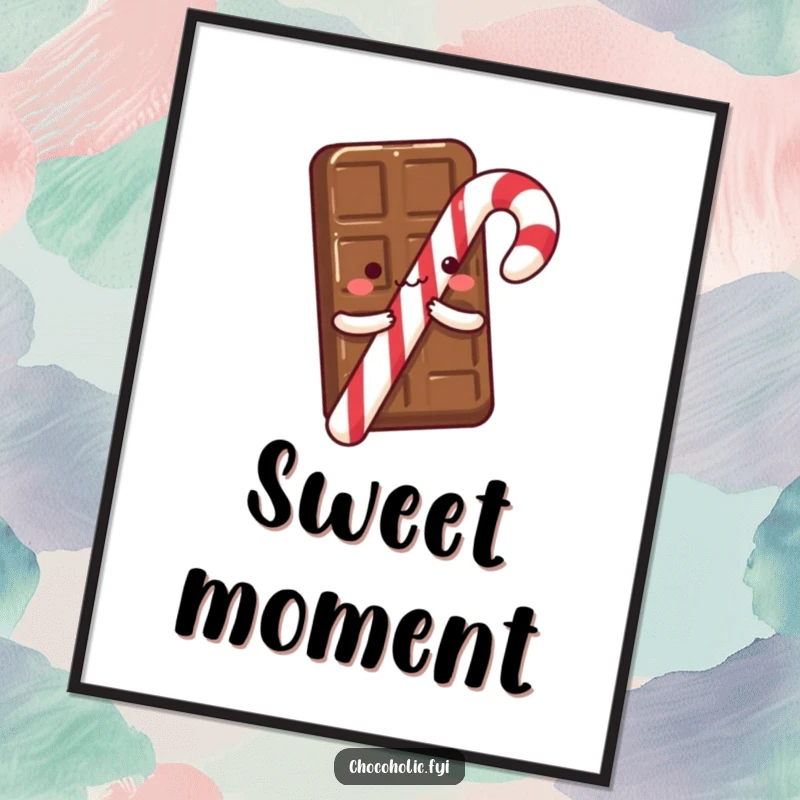 A chocolate bar with tiny arms excitedly hugging a candy cane, on a poster that brings sweet and humorous vibes to any space.