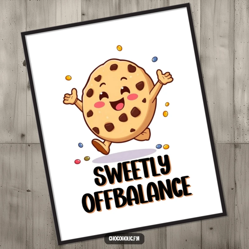 Funny chocolate chip cookie poster character doing cartwheels with tiny candies, a vibrant and energetic piece of art.