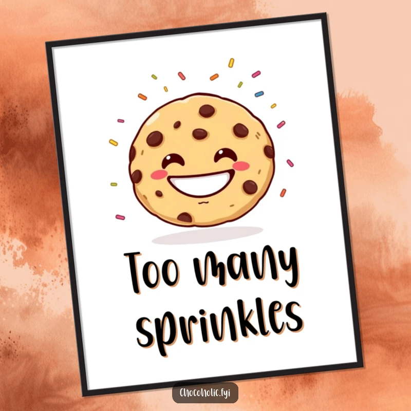 Funny Poster of a chocolate chip cookie with a huge grin, skillfully juggling rainbow sprinkles. Vibrant and humorous wall decor.
