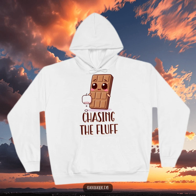 Funny Kawaii chocolate bar with ecstatic eyes, reaching for a falling marshmallow on a comfortable hoodie.