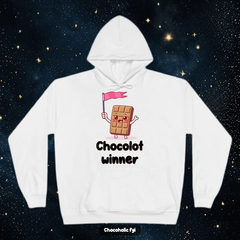 Funny hoodie displaying a chocolate bar character enthusiastically waving a tiny flag made of chocolate foil, embodying pure celebration.