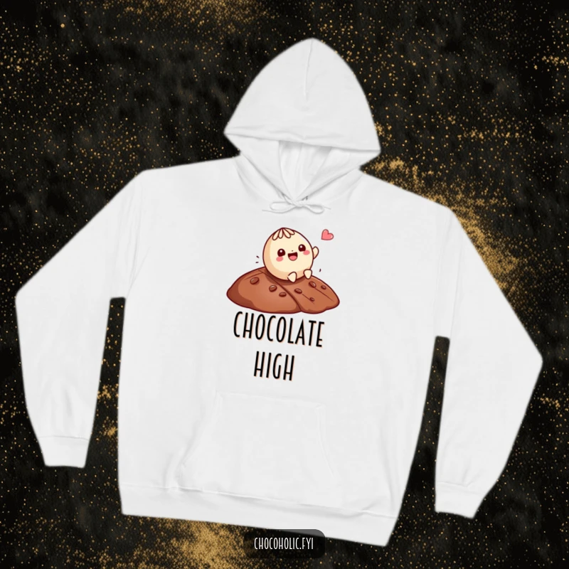 Funny Kawaii truffle character gleefully rolling down a chocolate hill, featured on a cozy and humorous hoodie.