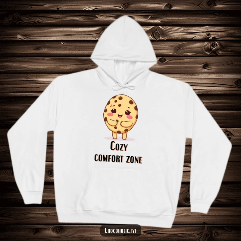Funny hoodie with a kawaii chocolate chip cookie character giving a warm, fuzzy hug, representing ultimate coziness.