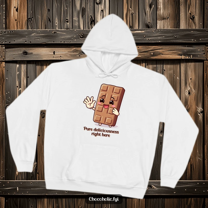 Funny hoodie showcasing an ecstatic chocolate bar character waving hello, radiating warmth and chocolatey friendliness.