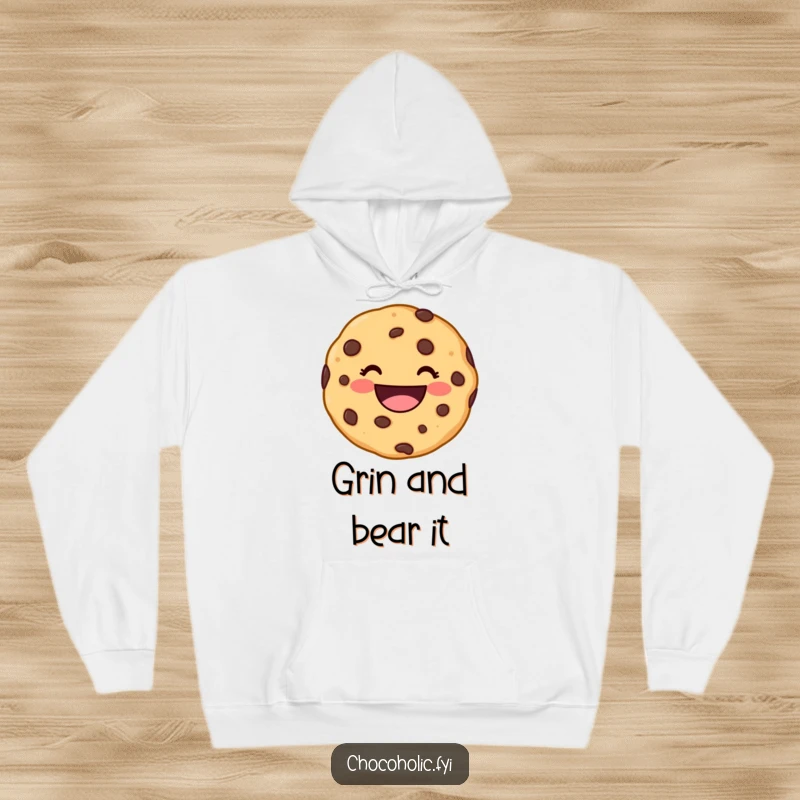 Funny kawaii chocolate chip cookie character with a wide, delighted grin on a warm and cozy hoodie, perfect for happy days.