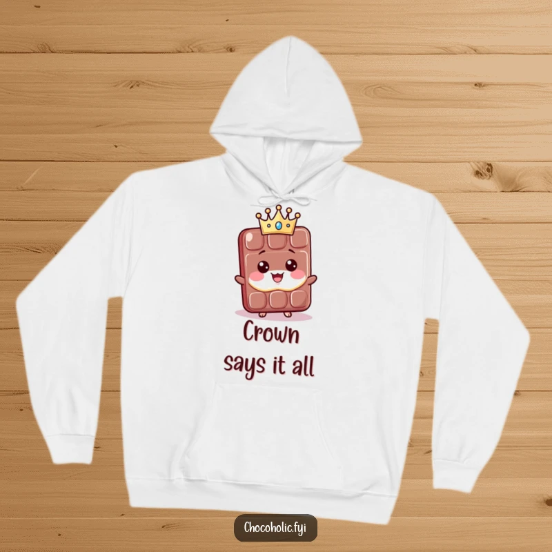 Funny Hoodie: A proud kawaii chocolate bar character wears a tiny crown. Ideal for fans of cute, funny, and luxurious graphic hoodies.