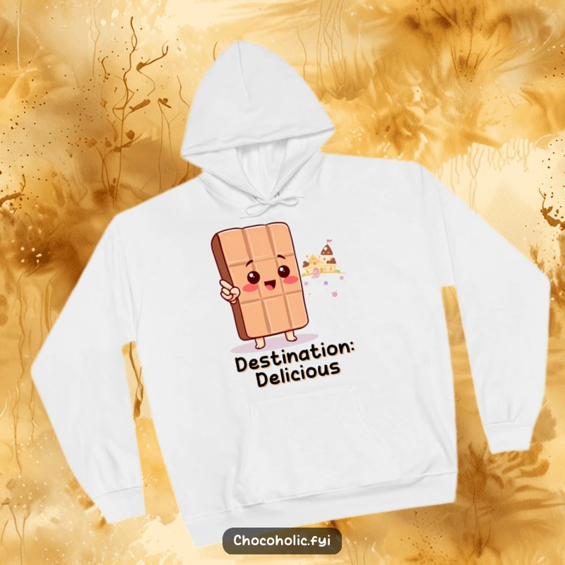 Funny Hoodie: Adorable kawaii chocolate bar character excitedly points towards a distant candy land, inspiring sweet adventures.