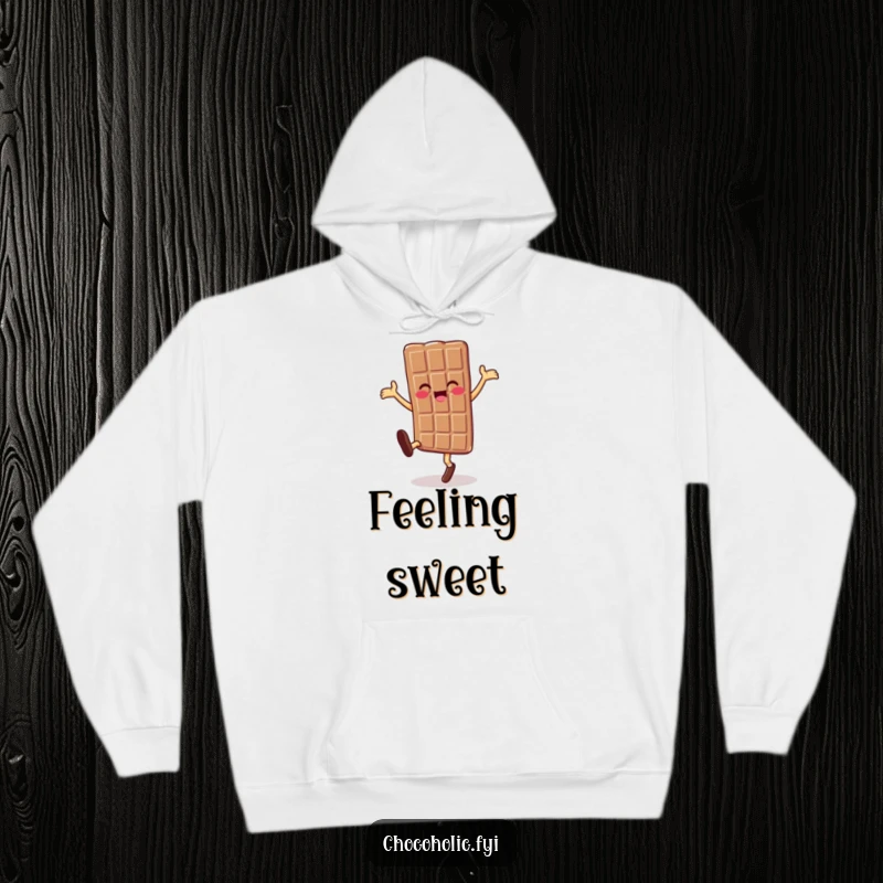 Cozy funny chocolate bar character doing a cartwheel design on a hoodie, radiating warmth and sweetness.
