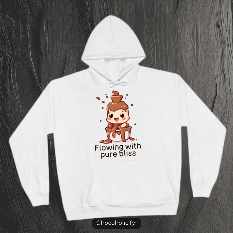 Funny chocolate fountain hoodie showcasing a character joyfully spraying chocolate streams, radiating happiness and warmth.