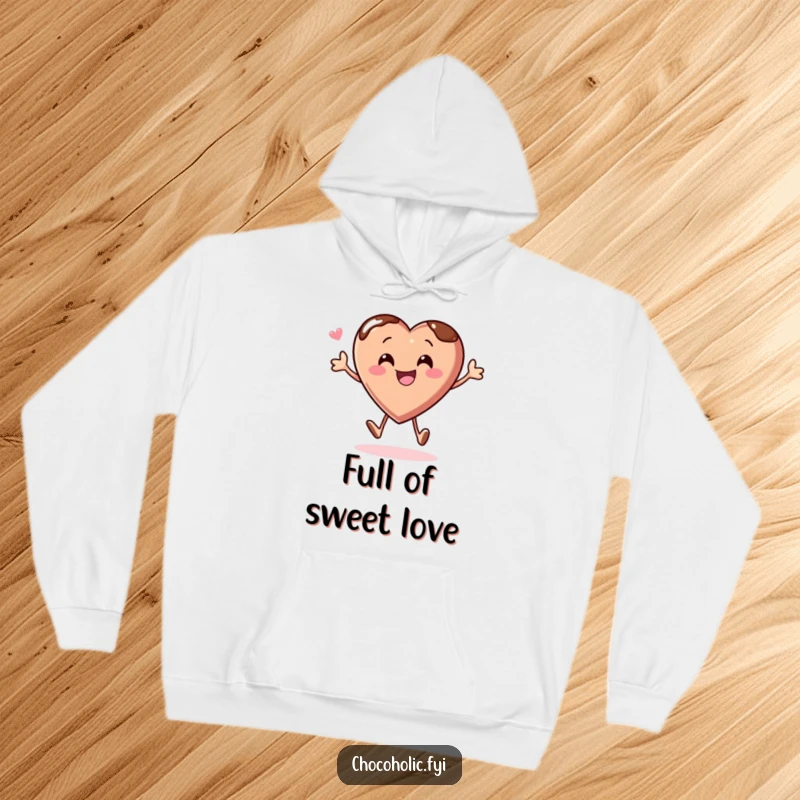 Funny hoodie featuring a chocolate heart character joyfully bouncing, creating a cozy and cheerful vibe.