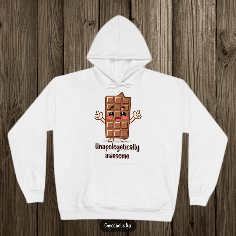 Funny hoodie with a proud chocolate bar character striking an enthusiastic pose, radiating power and sweet self-assurance.