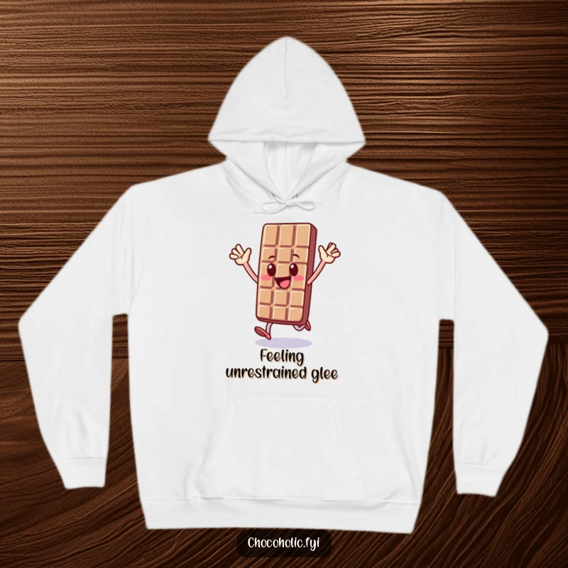 Funny hoodie with a chocolate bar character doing a happy hop, arms up in celebration, radiating warmth and sweet, joyful energy.