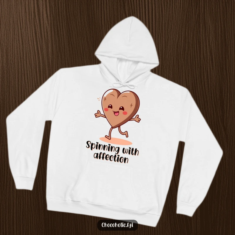 Funny hoodie featuring a giddy chocolate heart character doing a playful spin, offering warmth and cheerful vibes.