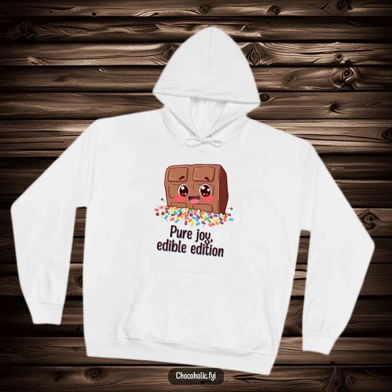 Funny hoodie depicting a chocolate bar character's ecstatic dive into a huge mound of colorful sprinkles. Cozy and hilarious.