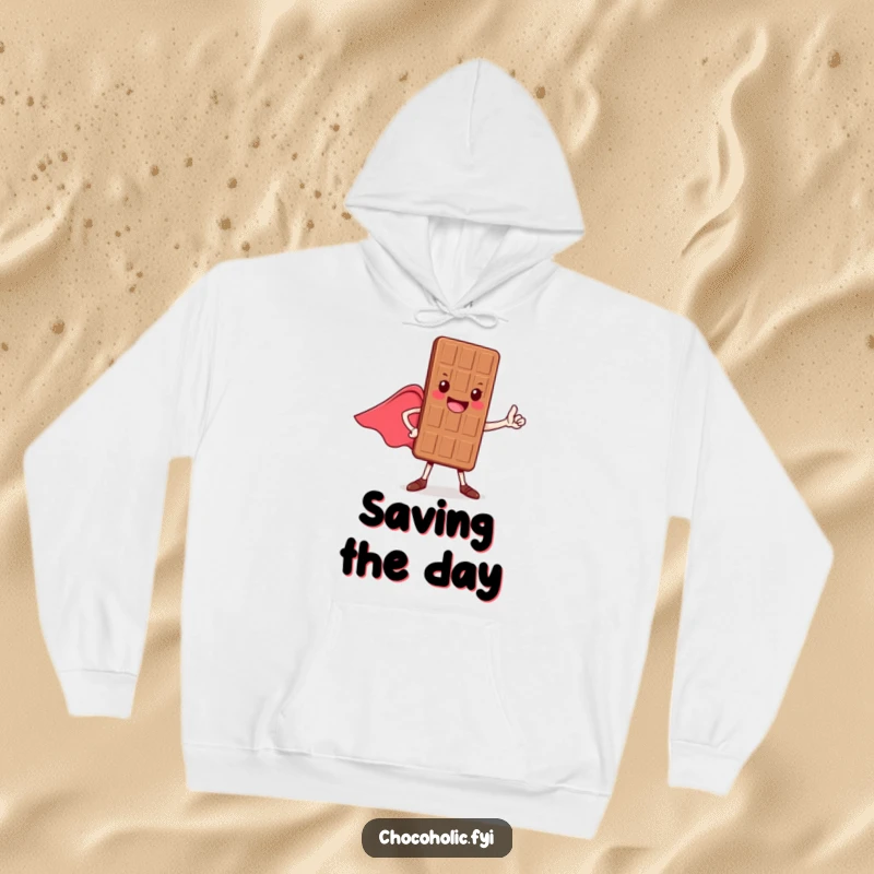 Funny hoodie featuring a cheerful chocolate bar character striking a heroic pose, cape flowing, offering warmth and heroism.