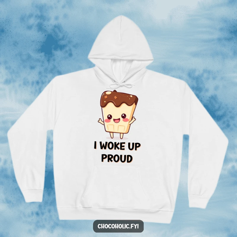 Funny hoodie with a kawaii chocolate bar character beaming with pride, radiating confidence and self-satisfaction.