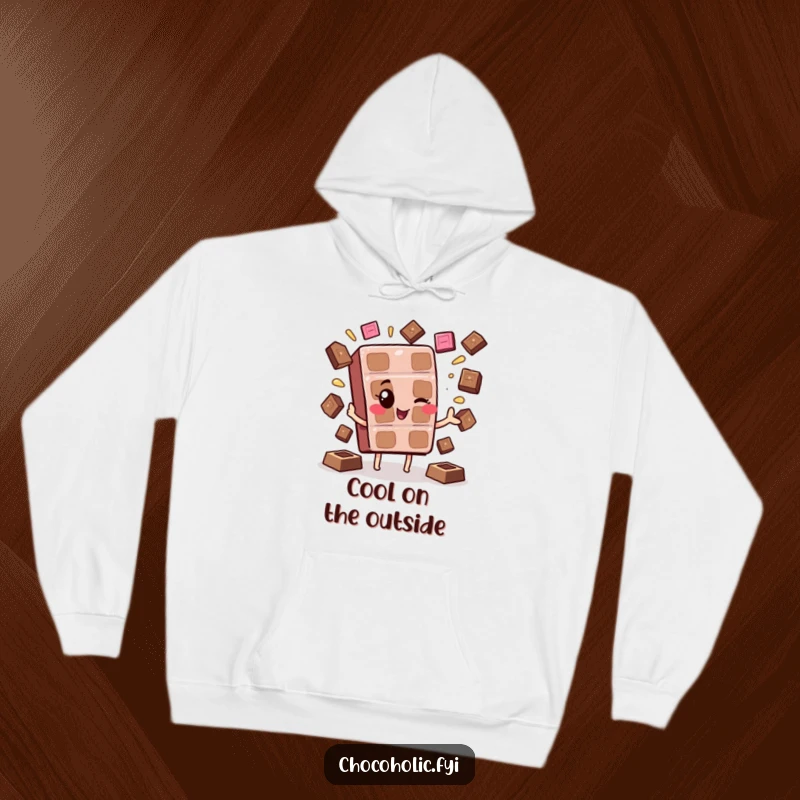 Funny Kawaii Chocolate Wink Hoodie: A cute chocolate bar character winking and juggling melting squares, offering cozy humor.