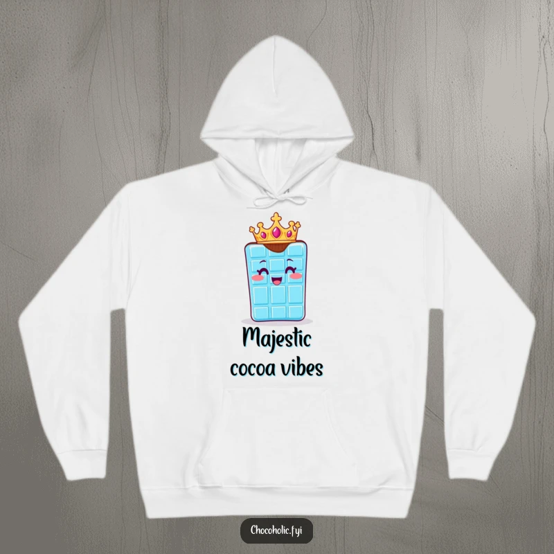 Funny hoodie depicting a chocolate bar character wearing a small crown, looking charmingly regal and happy. Cozy royalty.
