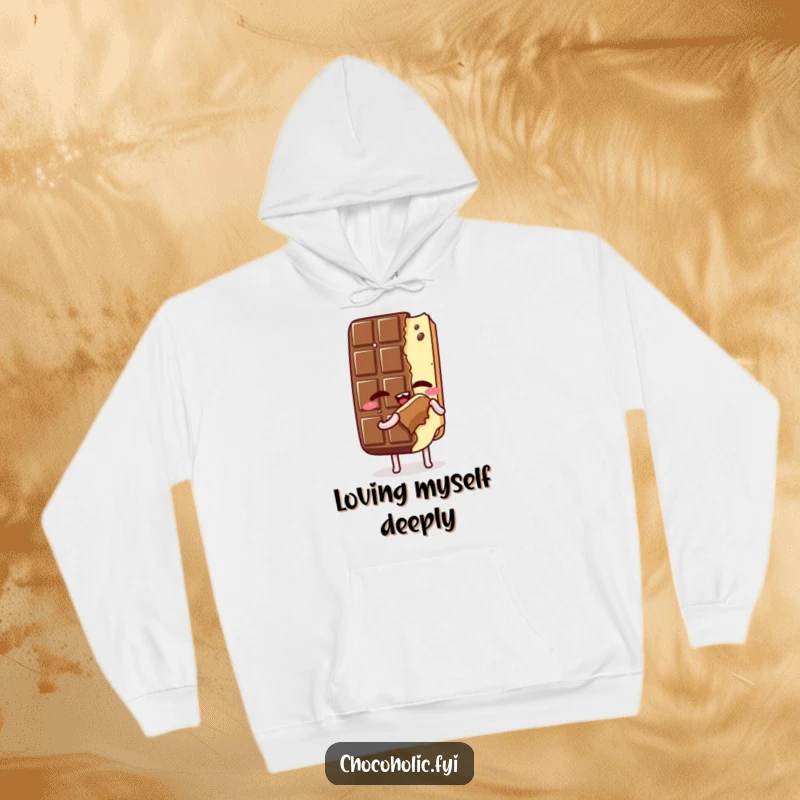 Funny Hoodie: Kawaii chocolate bar character savoring a bite of itself with eyes closed, embodying perfect contentment and self-love, a cozy and humorous gift.