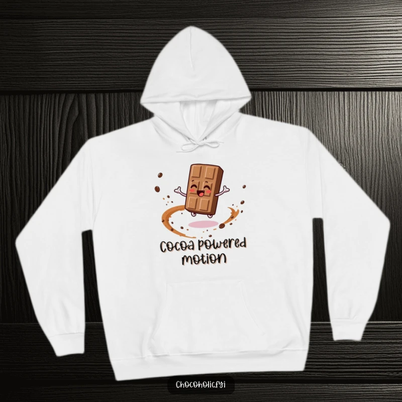 Funny hoodie depicting a chocolate bar character in a joyful spin, leaving a delicate trail of cocoa dust. Cozy and dynamic.