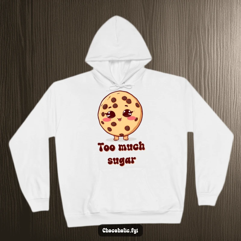 Funny hoodie with a chocolate chip cookie character, eyes crossed, in a state of delightful sugar rush.