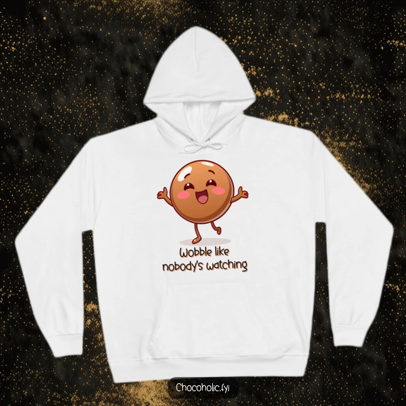 Funny Hoodie: A cheerful chocolate candy enthusiastically doing a silly wobble dance, bringing warmth and humor.