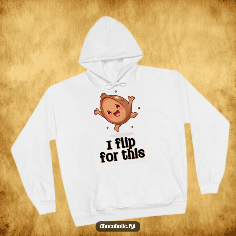 Funny Hoodie featuring a jubilant chocolate truffle performing a playful somersault, exuding pure delight. A warm and humorous apparel choice.