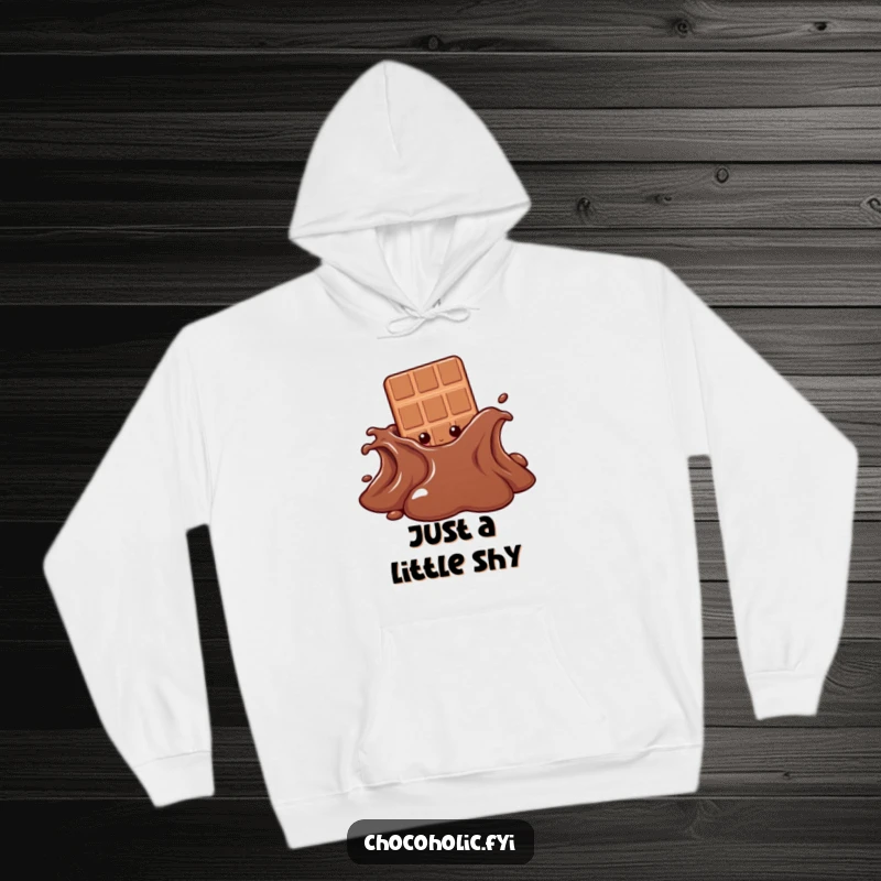 Funny hoodie with a chocolate bar character peeking from behind a melting chocolate puddle, embodying playful secrecy and sweet indulgence.